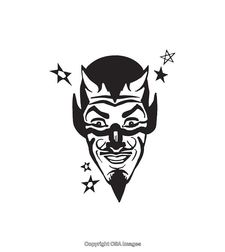 Dramatic Black and White Line Art of a Devilish Mask