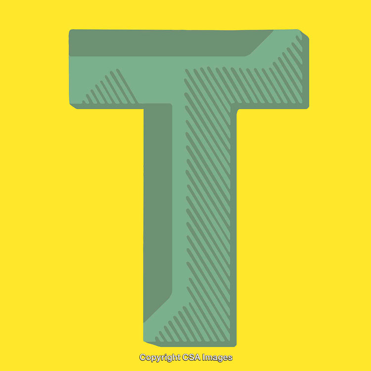 Decorative Green Letter T With Striped Pattern on Yellow Background
