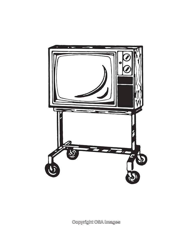 Vintage Television on a Rolling Stand in Black and White Line Art