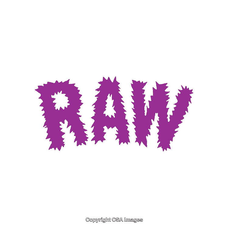 Purple RAW Text in Unique Spikey Font Design on White Background
