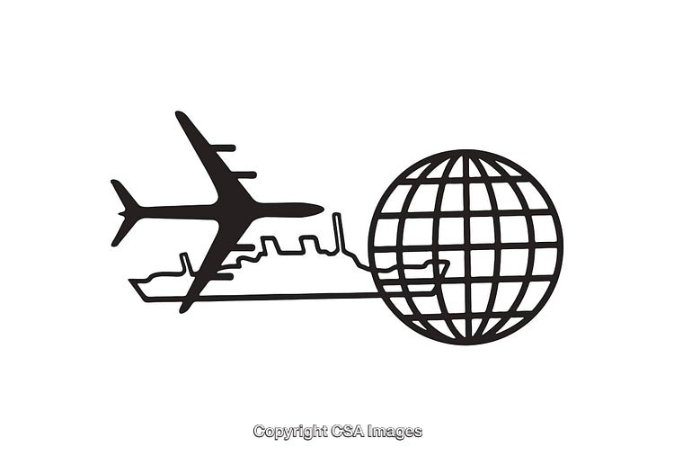 Black and White Icon Depicting Airplane Ship and Globe Travel