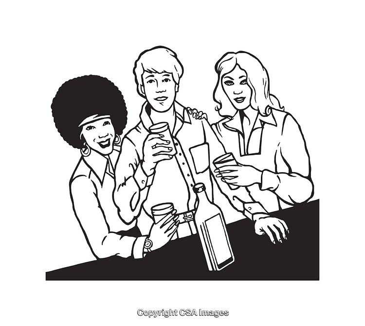 Black and White Illustration of Friends Socializing at a Bar