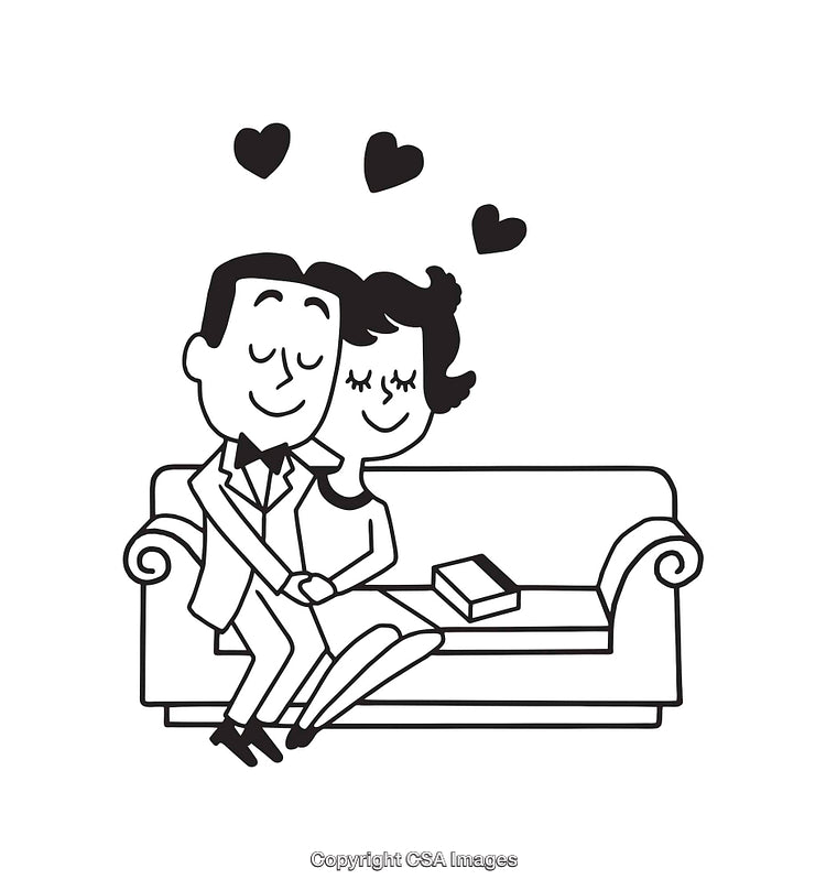 Romantic Couple Sitting On a Couch in Black and White Line Art