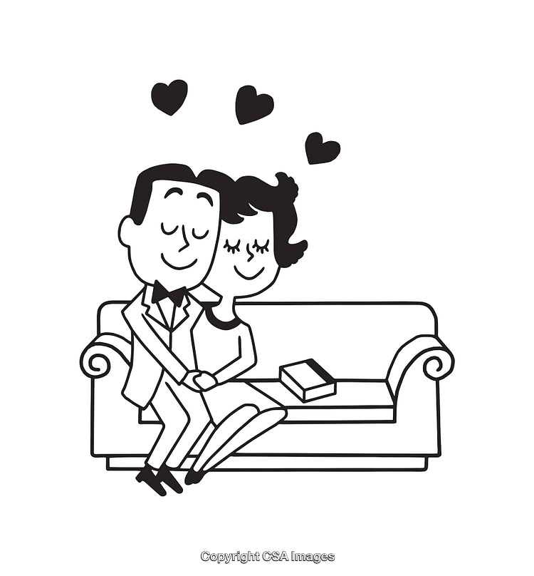 Romantic Couple Sitting On a Couch in Black and White Line Art