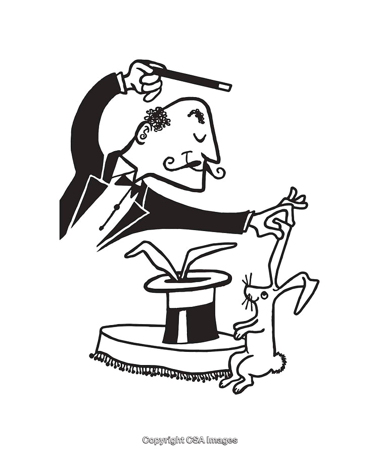 Magician Performing Classic Hat Trick with Rabbit in Black and White Drawing