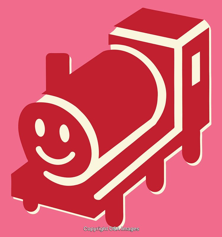 Smiling Cartoon-Style Red Locomotive Illustration on a Vibrant Pink Background