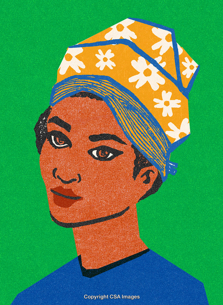 Stylized Portrait of Woman with Headscarf on Green Background