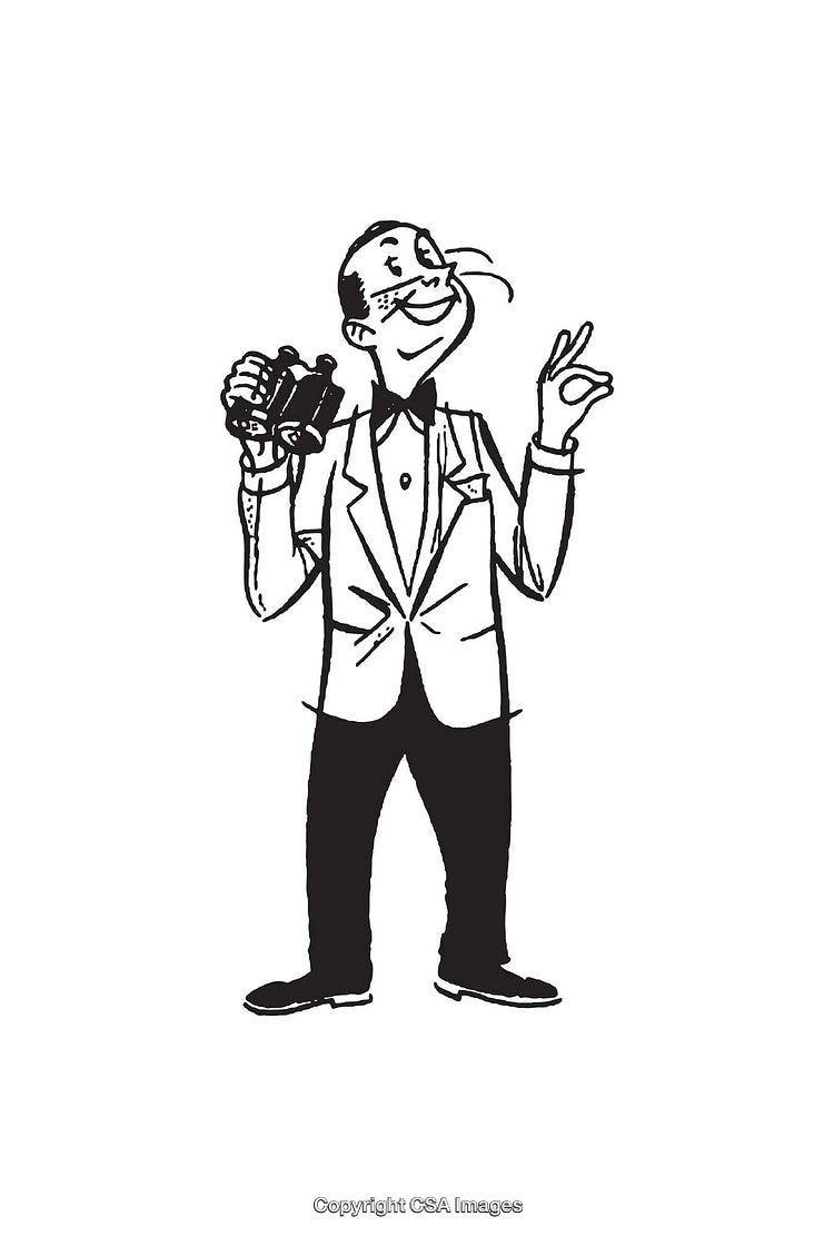 Elegant Gentleman Holding Binoculars in Black and White Line Art