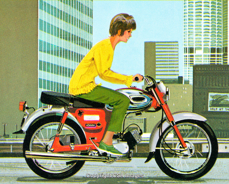 Vintage Woman Riding Motorcycle in Urban Setting Depicting Retro Lifestyle