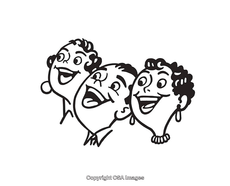 Retro Vintage Line Art Illustration of Three Smiling Cartoon Characters