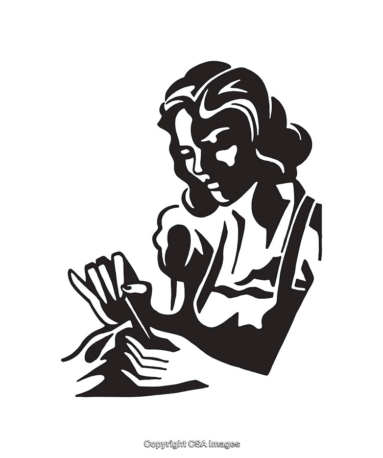 Black and White Line Art of a Woman Sewing