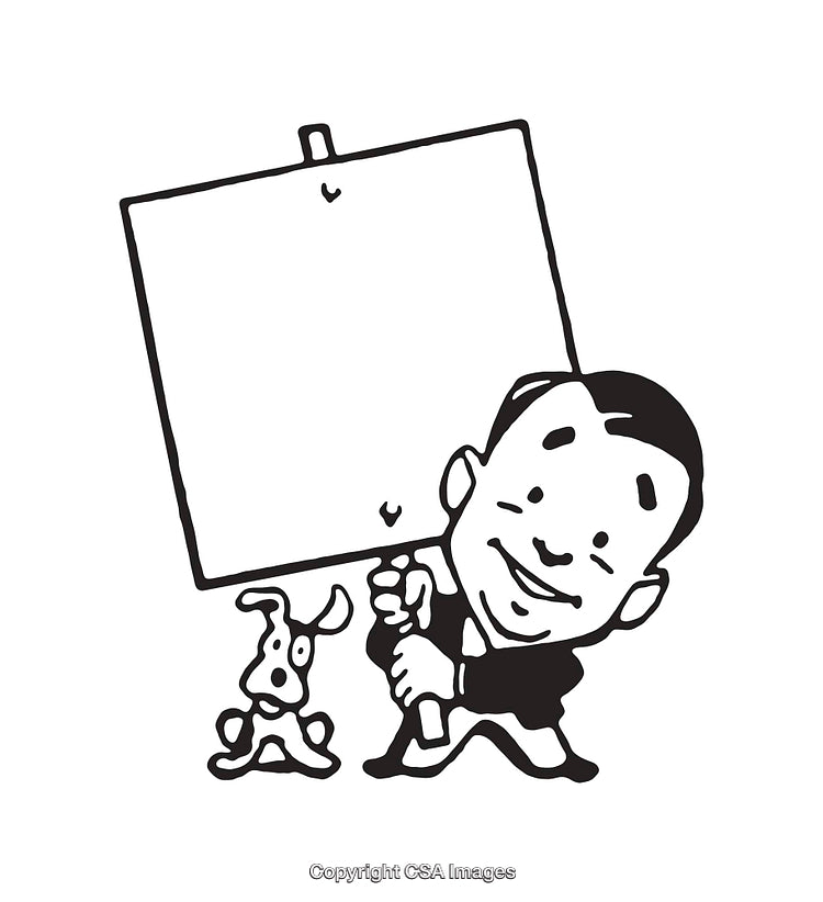 Whimsical Line Art Cartoon with Character Holding Blank Sign and Pet Dog