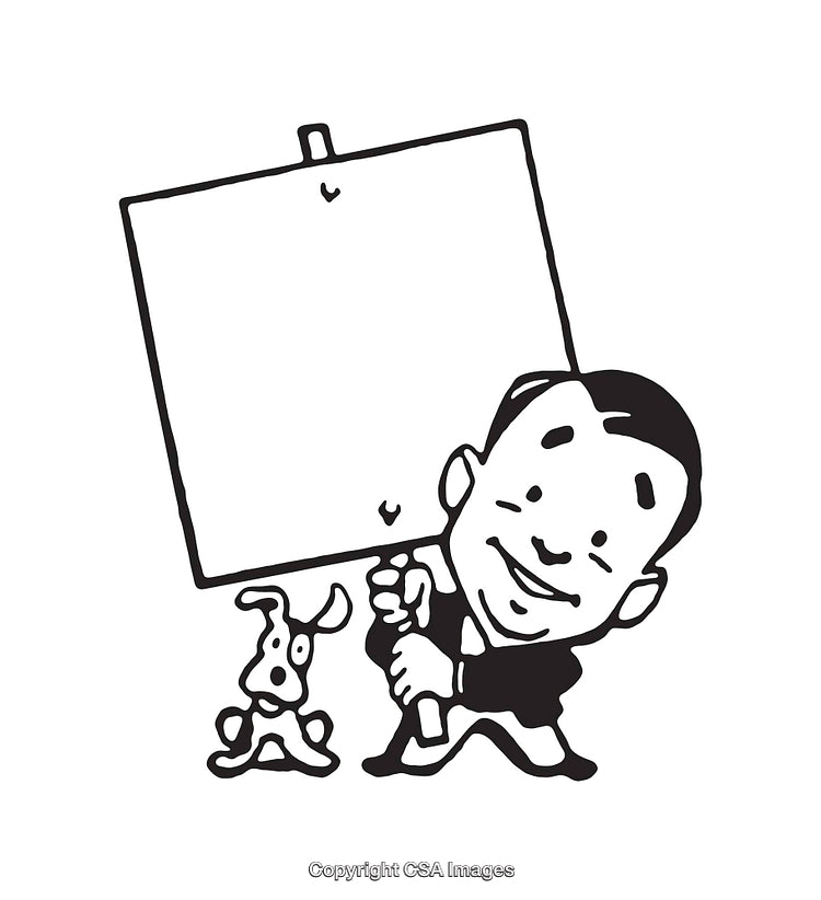 Whimsical Line Art Cartoon with Character Holding Blank Sign and Pet Dog