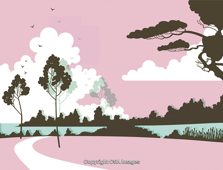Serene Pink Landscape With Trees, Lake, and Cloudy Sky Illustration