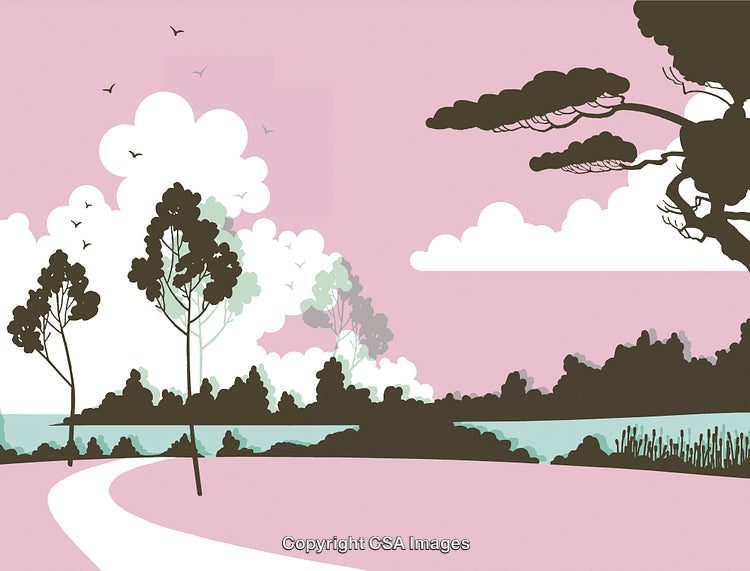 Serene Pink Landscape With Trees, Lake, and Cloudy Sky Illustration
