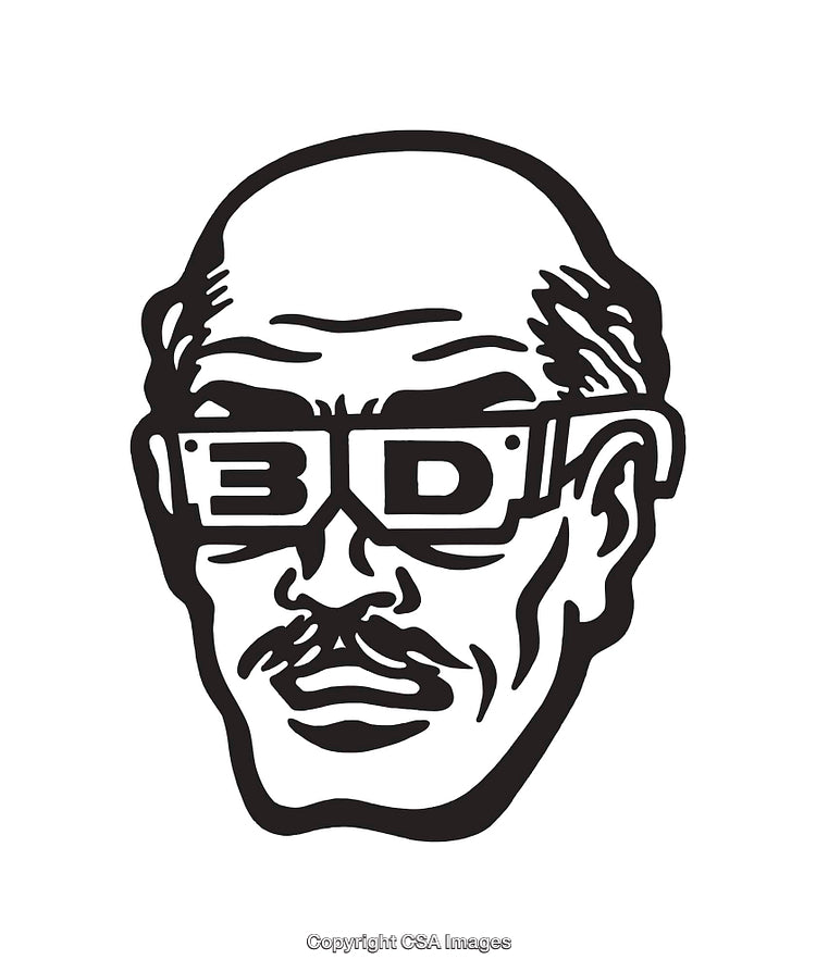 Retro Black and White Line Art of a Man Wearing 3D Glasses