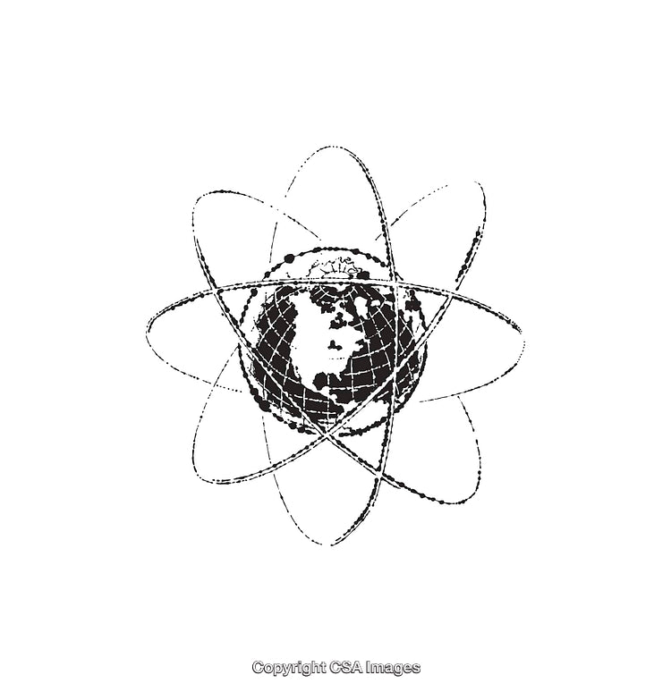 Black and White Line Art of a Globe with Atomic Orbits