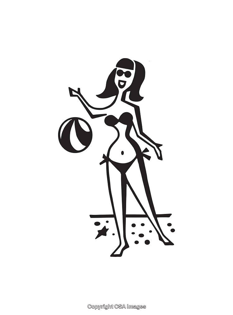 Black and White Line Art of Woman Enjoying Beach Day with Ball