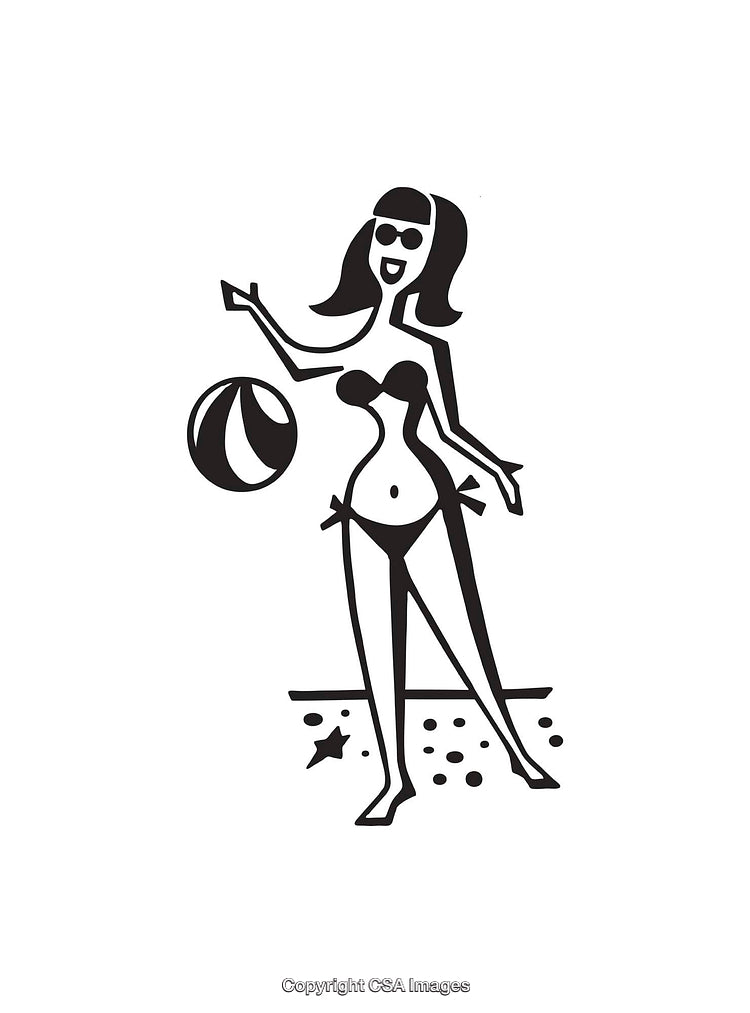 Black and White Line Art of Woman Enjoying Beach Day with Ball