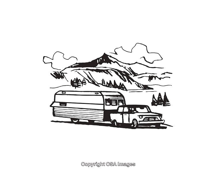 Black and White Line Art Illustration of a Caravan in Nature