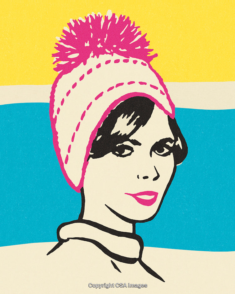 Stylized Portrait of a Woman in a Pink Hat and Retro Art Style