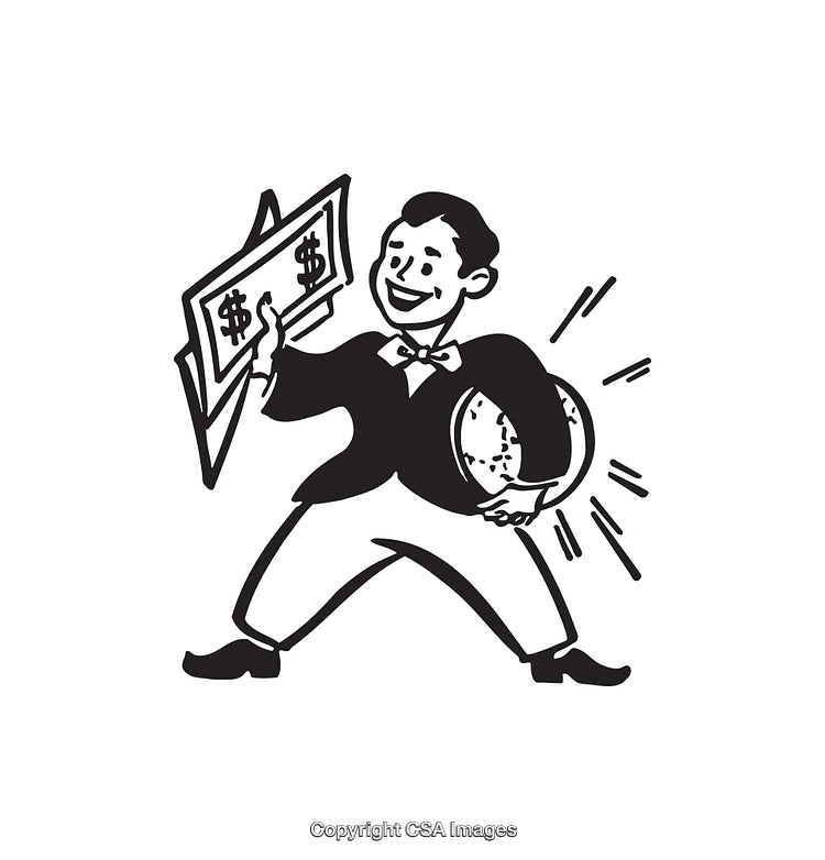 Retro Style Illustration of a Successful Businessman Holding Money and a Globe
