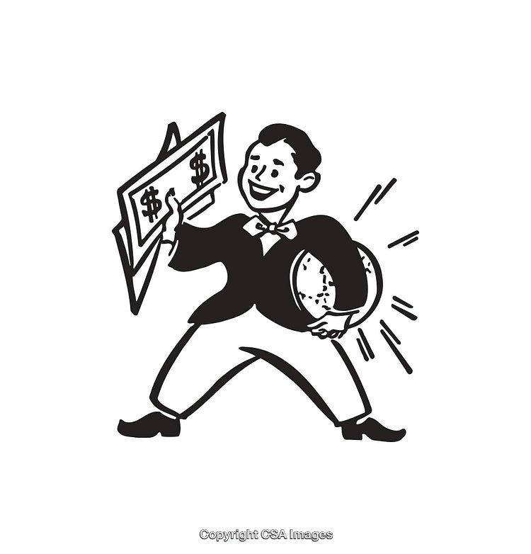 Retro Style Illustration of a Successful Businessman Holding Money and a Globe
