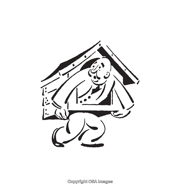 Man Carrying Small House in Black and White Line Art