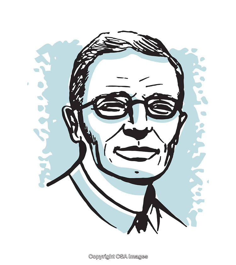 Black and White Illustration of Individual in Glasses With Light Blue Background