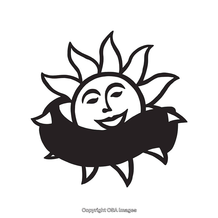 Hand-Drawn Smiling Sun Illustration with Stylized Rays and Banner