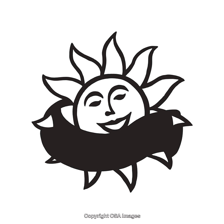 Hand-Drawn Smiling Sun Illustration with Stylized Rays and Banner