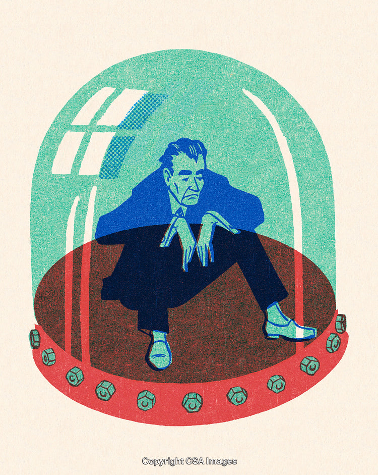 Illustration of a Man Enclosed in a Glass Dome with a Thoughtful Pose