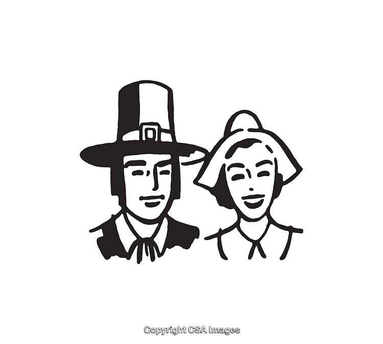 Black And White Line Art Illustration of a Pilgrim Man and Woman