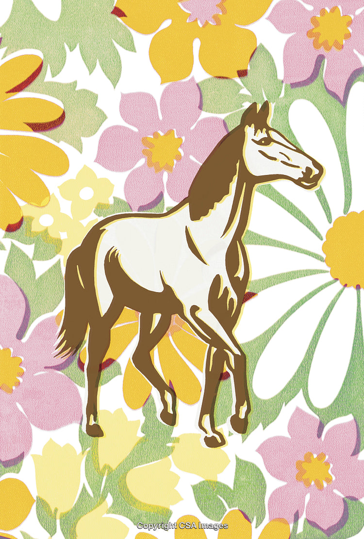 Stylized Illustration of a Horse Amid Vibrant Floral Patterns