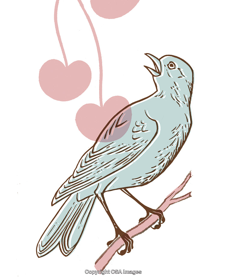 Stylized Illustration of a Singing Bird with Hearts in the Background