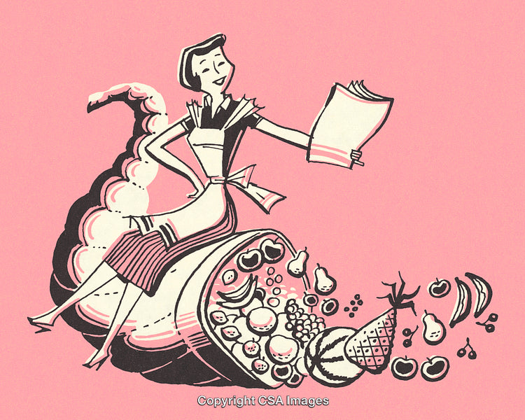 Retro Illustration of Woman with Harvest of Fruits in Cornucopia