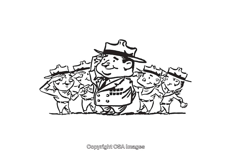 Black and White Line Art of Characters Saluting Together
