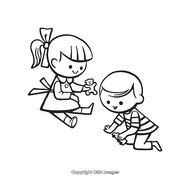 Cartoon Black and White Line Drawing of Children Playing Together