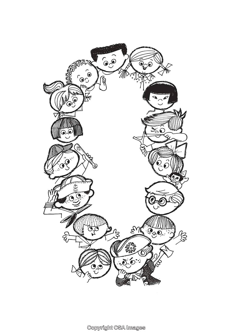 Vintage Black and White Line Art of Diverse Children's Faces in a Circle