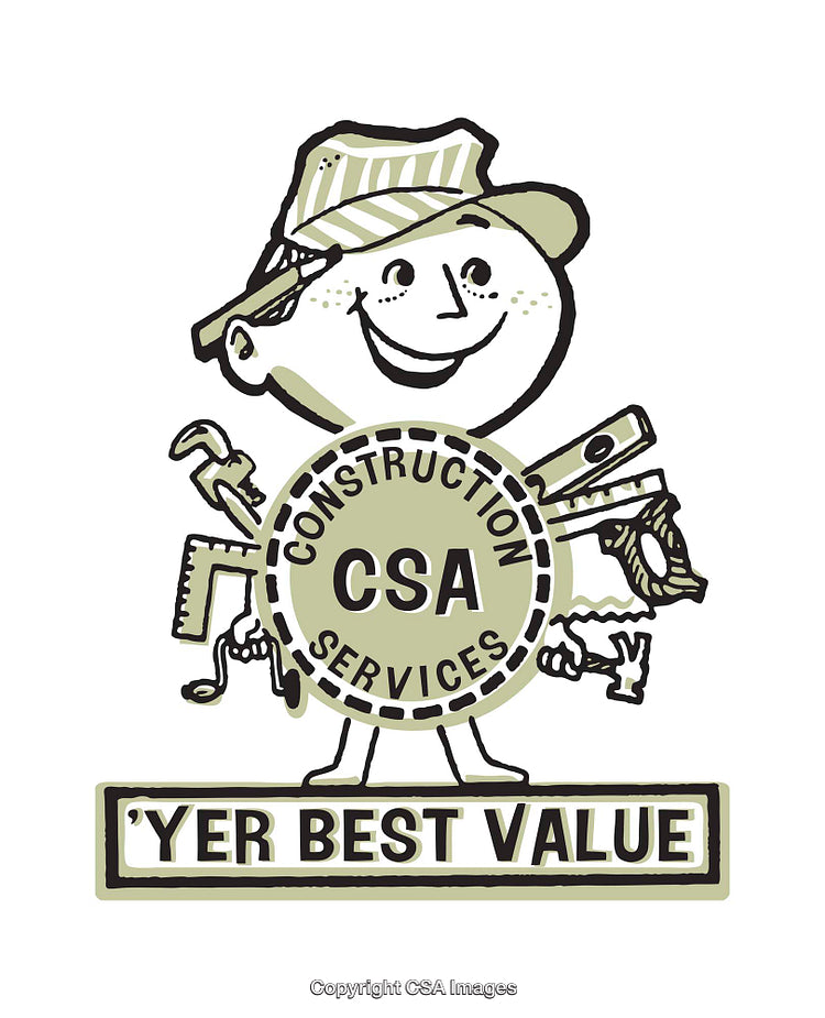 Retro Construction Services Logo Featuring Tool Mascot Illustration with Slogan