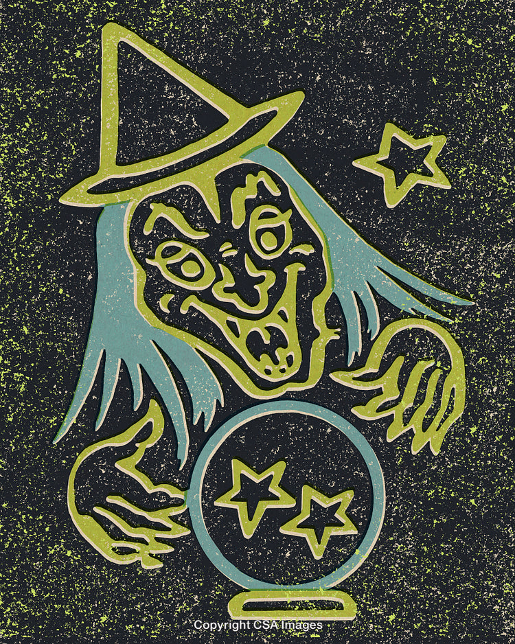 Illustrative Witch with Crystal Ball and Mystical Background Artwork