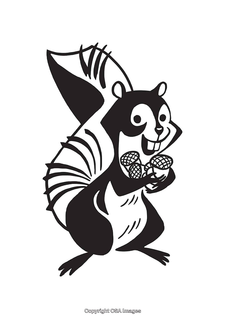 Illustration of a Happy Squirrel Holding Acorns, Black and White Line Art