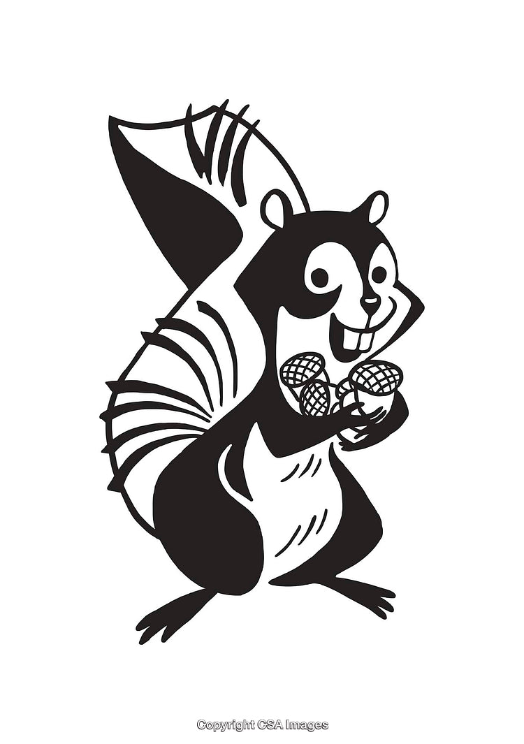 Illustration of a Happy Squirrel Holding Acorns, Black and White Line Art