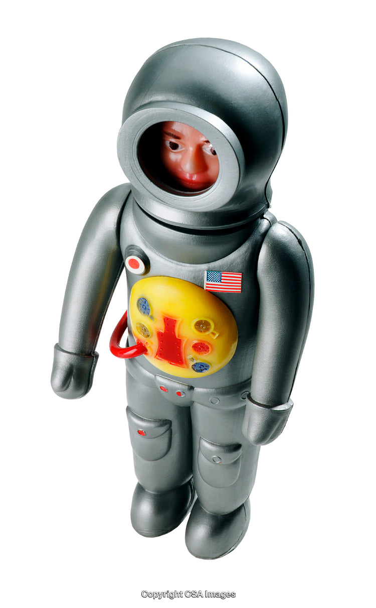 Vintage Toy Astronaut Figure with Bright Details on a White Background