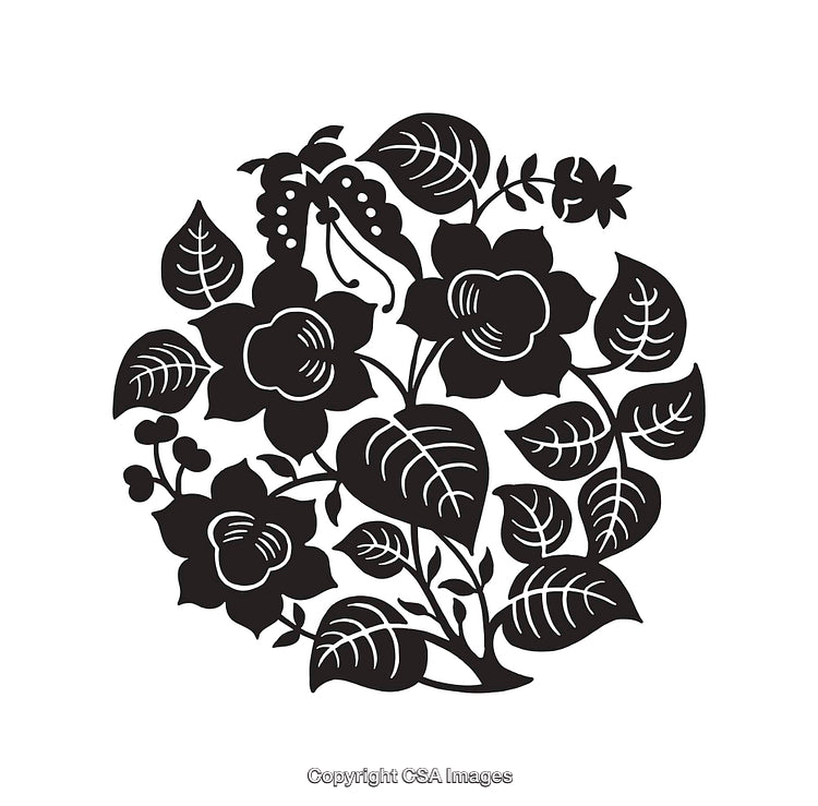 Black and White Floral Line Art Design with Detailed Patterns