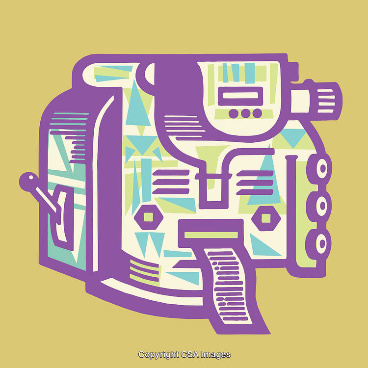 Abstract Purple and Yellow Machine Illustration with Geometric Shapes