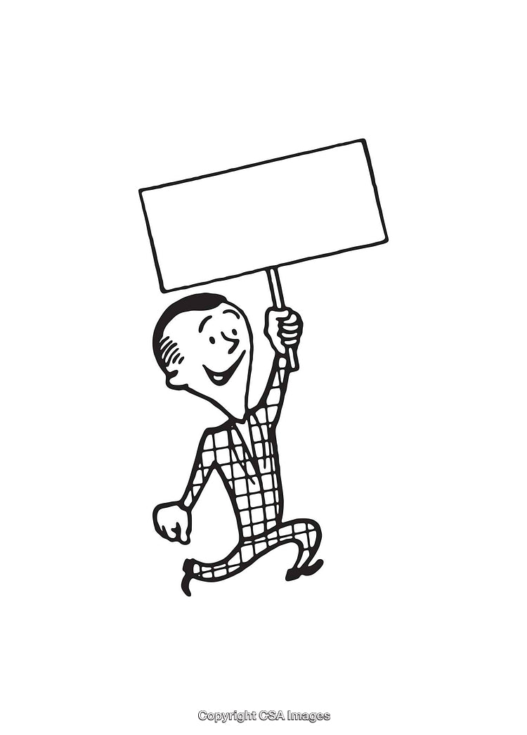 Cartoon Character Holding Blank Sign in Cheerful Pose Line Art