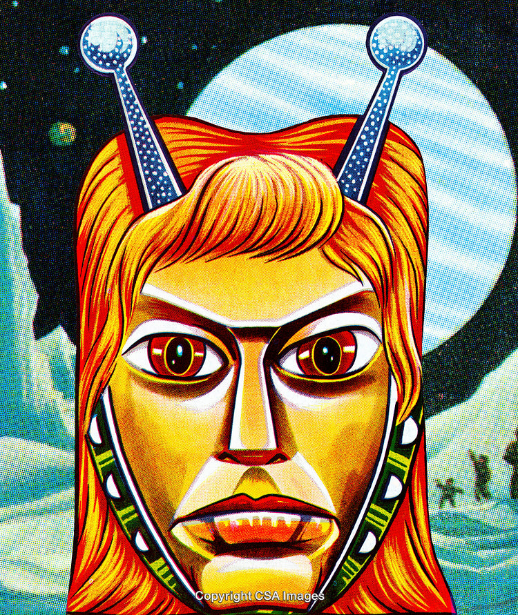 Retro Sci-Fi Illustration of an Alien with Vibrant Colors in Space