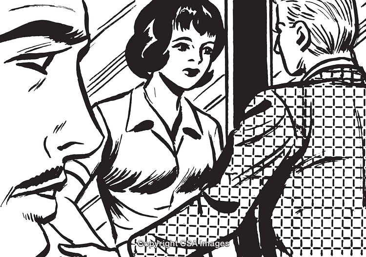 Retro Comic Style Illustration Depicting Three Figures in a Dramatic Interaction