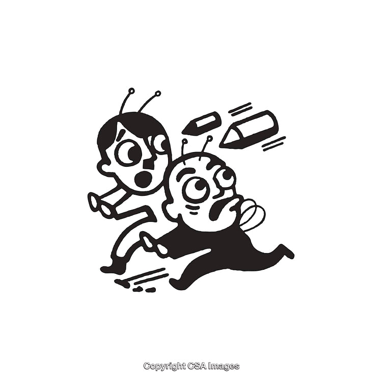 Humorous Black and White Drawing of Alien Characters in Motion